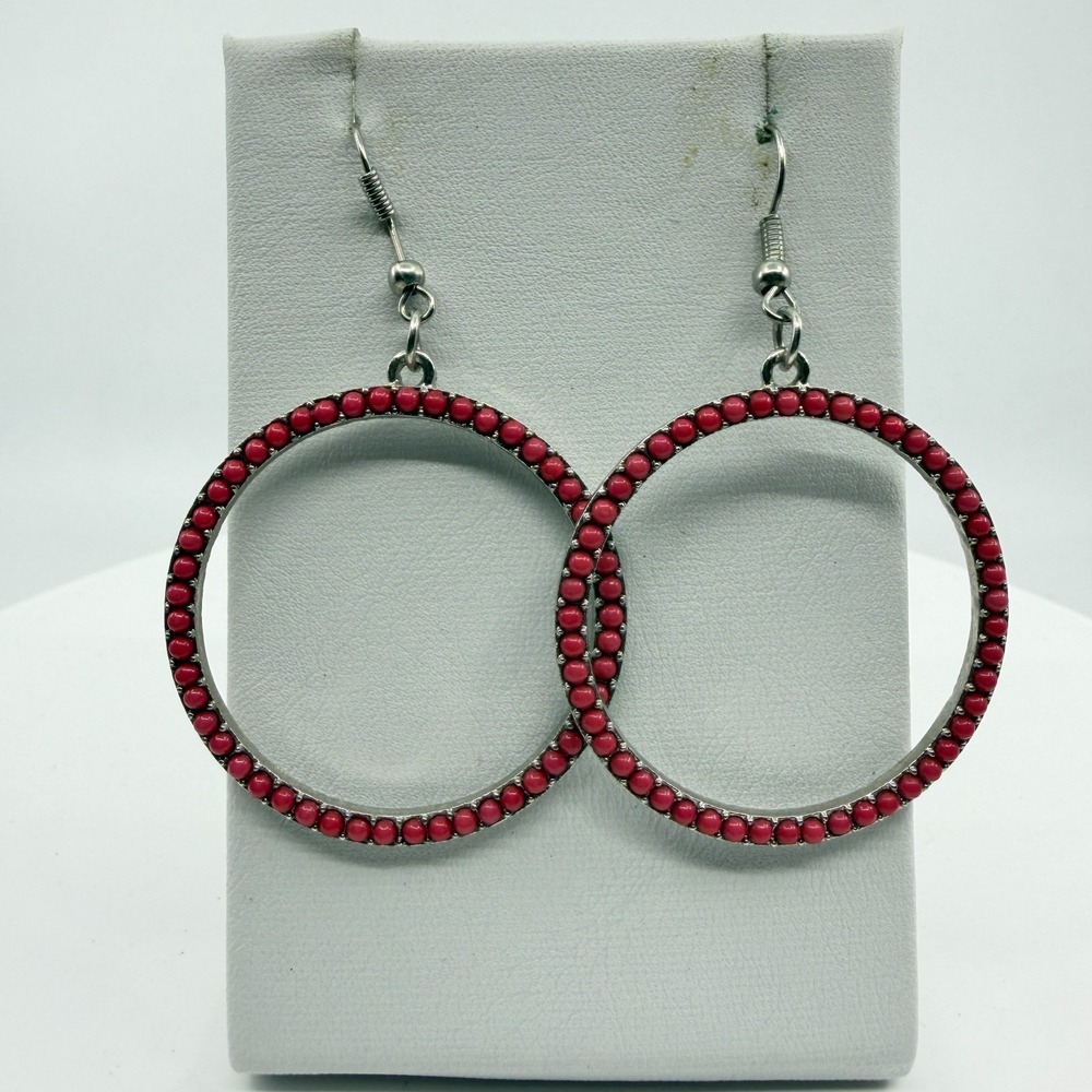 Silver Tone Pink Beaded Hoop Dangle Earrings - Boho Festival Jewelry